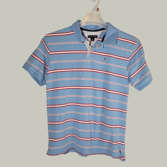 Tommy Hilfiger Polo Shirt Mens Short Sleeve Blue Striped Size Large - Picture 1 of 3